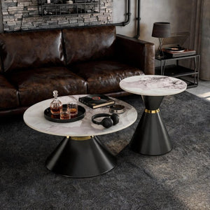 English Elm Round Sintered Stone Nesting Tables Marble Look Iron Pedestal Glam Living Room Pair Black+Gold W3895S00005
