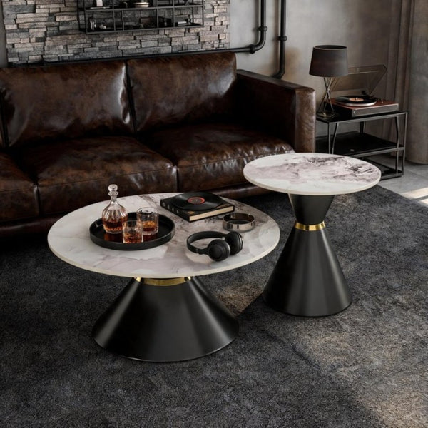 English Elm Round Sintered Stone Nesting Tables Marble Look Iron Pedestal Glam Living Room Pair Black+Gold W3895S00005
