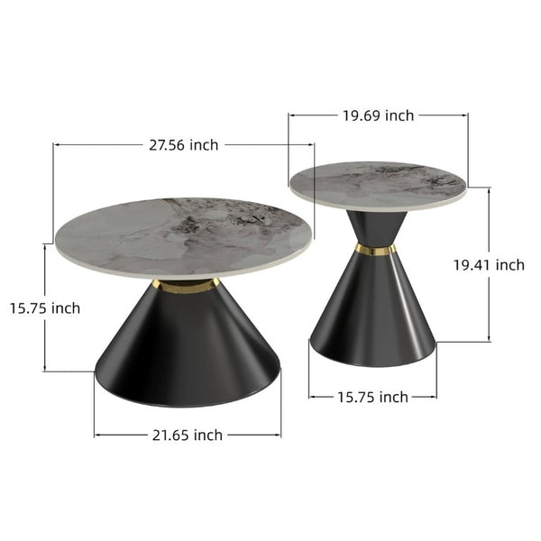 English Elm Round Sintered Stone Nesting Tables Marble Look Iron Pedestal Glam Living Room Pair Black+Gold W3895S00005