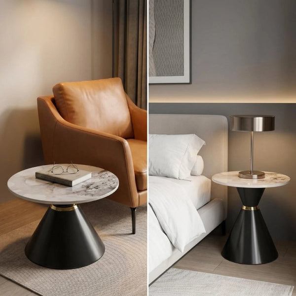 English Elm Round Sintered Stone Nesting Tables Marble Look Iron Pedestal Glam Living Room Pair Black+Gold W3895S00005