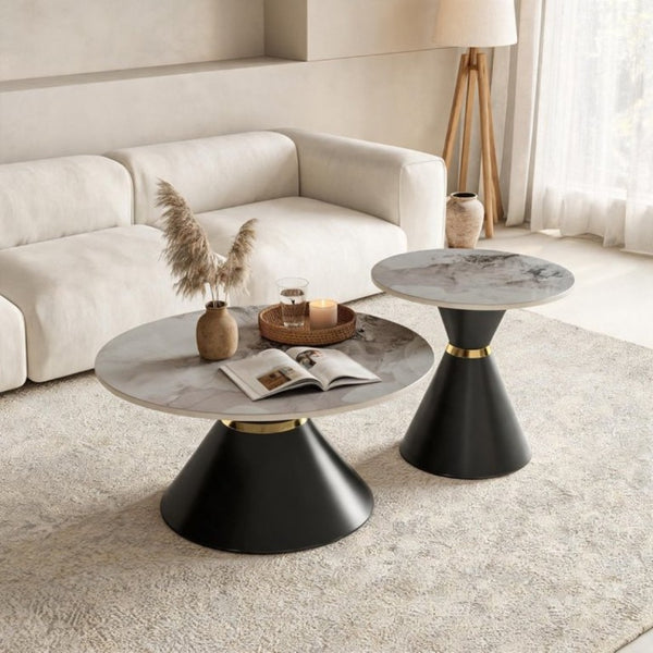 English Elm Round Sintered Stone Nesting Tables Marble Look Iron Pedestal Glam Living Room Pair Black+Gold W3895S00005