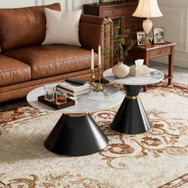 English Elm Round Sintered Stone Nesting Tables Marble Look Iron Pedestal Glam Living Room Pair Black+Gold W3895S00005