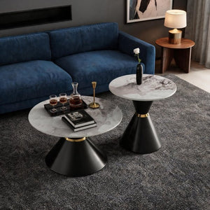 English Elm Round Sintered Stone Nesting Tables Marble Look Iron Pedestal Glam Living Room Pair Black+Gold W3895S00005