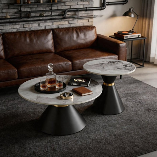 English Elm Round Sintered Stone Nesting Tables Marble Look Iron Pedestal Glam Living Room Pair Black+Gold W3895S00005