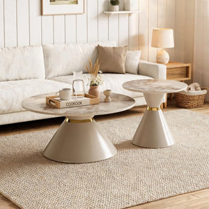 English Elm Round Sintered Stone Nesting Tables Marble Look Iron Pedestal Glam Living Room Pair Beige+Gold W3895S00006
