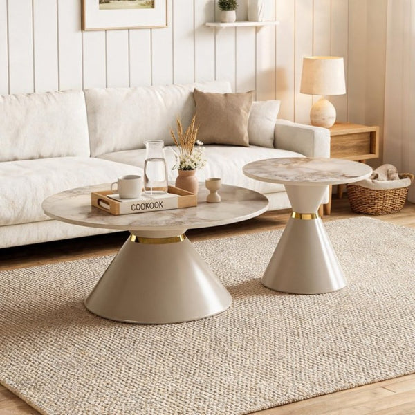 English Elm Round Sintered Stone Nesting Tables Marble Look Iron Pedestal Glam Living Room Pair Beige+Gold W3895S00006