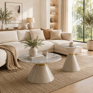 English Elm Round Sintered Stone Nesting Tables Marble Look Iron Pedestal Glam Living Room Pair Beige+Gold W3895S00006