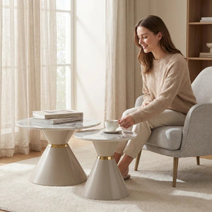English Elm Round Sintered Stone Nesting Tables Marble Look Iron Pedestal Glam Living Room Pair Beige+Gold W3895S00006