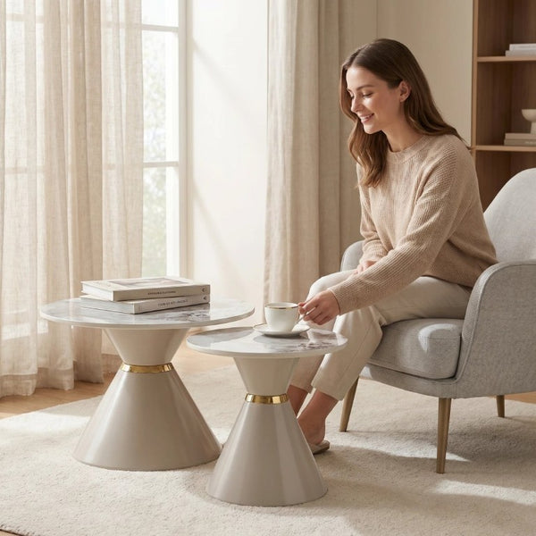 English Elm Round Sintered Stone Nesting Tables Marble Look Iron Pedestal Glam Living Room Pair Beige+Gold W3895S00006