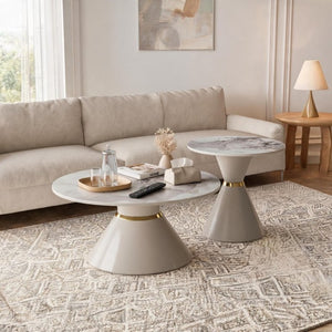 English Elm Round Sintered Stone Nesting Tables Marble Look Iron Pedestal Glam Living Room Pair Beige+Gold W3895S00006