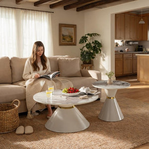 English Elm Round Sintered Stone Nesting Tables Marble Look Iron Pedestal Glam Living Room Pair Beige+Gold W3895S00006