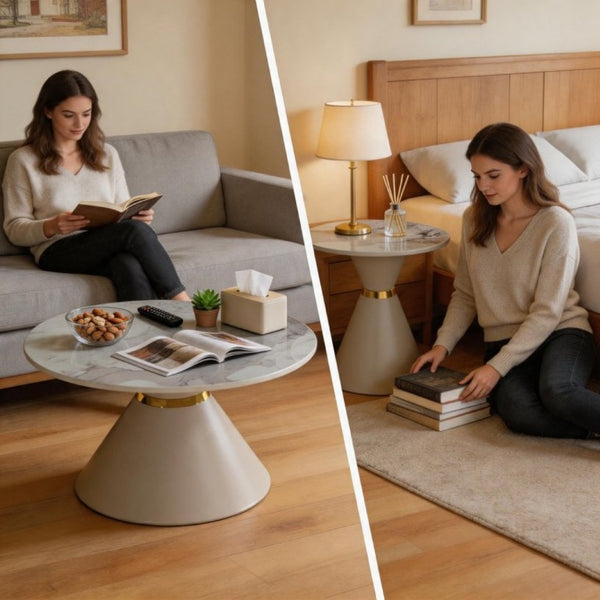 English Elm Round Sintered Stone Nesting Tables Marble Look Iron Pedestal Glam Living Room Pair Beige+Gold W3895S00006