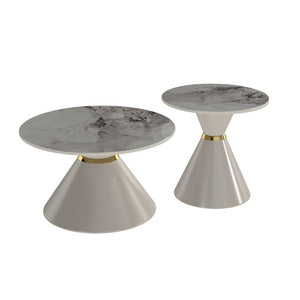 English Elm Round Sintered Stone Nesting Tables Marble Look Iron Pedestal Glam Living Room Pair Beige+Gold W3895S00006