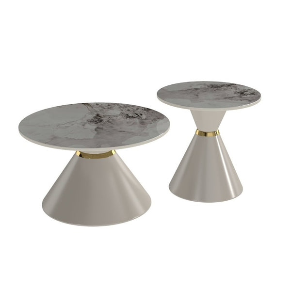 English Elm Round Sintered Stone Nesting Tables Marble Look Iron Pedestal Glam Living Room Pair Beige+Gold W3895S00006