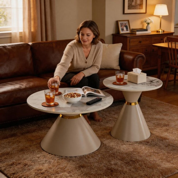English Elm Round Sintered Stone Nesting Tables Marble Look Iron Pedestal Glam Living Room Pair Beige+Gold W3895S00006
