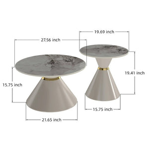 English Elm Round Sintered Stone Nesting Tables Marble Look Iron Pedestal Glam Living Room Pair Beige+Gold W3895S00006