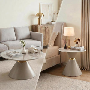 English Elm Round Sintered Stone Nesting Tables Marble Look Iron Pedestal Glam Living Room Pair Beige+Gold W3895S00006