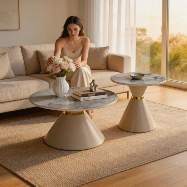 English Elm Round Sintered Stone Nesting Tables Marble Look Iron Pedestal Glam Living Room Pair Beige+Gold W3895S00006