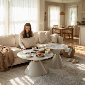 English Elm Round Sintered Stone Nesting Tables Marble Look Iron Pedestal Glam Living Room Pair Beige+Gold W3895S00006