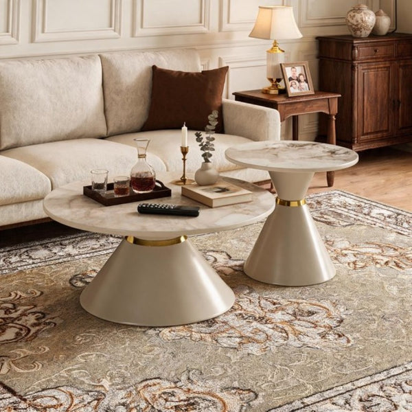 English Elm Round Sintered Stone Nesting Tables Marble Look Iron Pedestal Glam Living Room Pair Beige+Gold W3895S00006