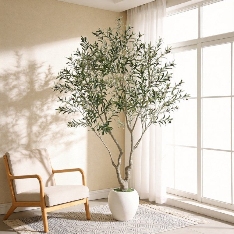 English Elm 8Ft Artificial Olive Tree Sculptural Mediterranean Faux Plant with White Moss Planter W3912P516706