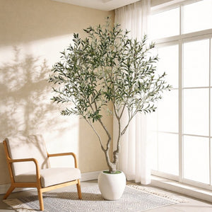 English Elm 8Ft Artificial Olive Tree Sculptural Mediterranean Faux Plant with White Moss Planter W3912P516706