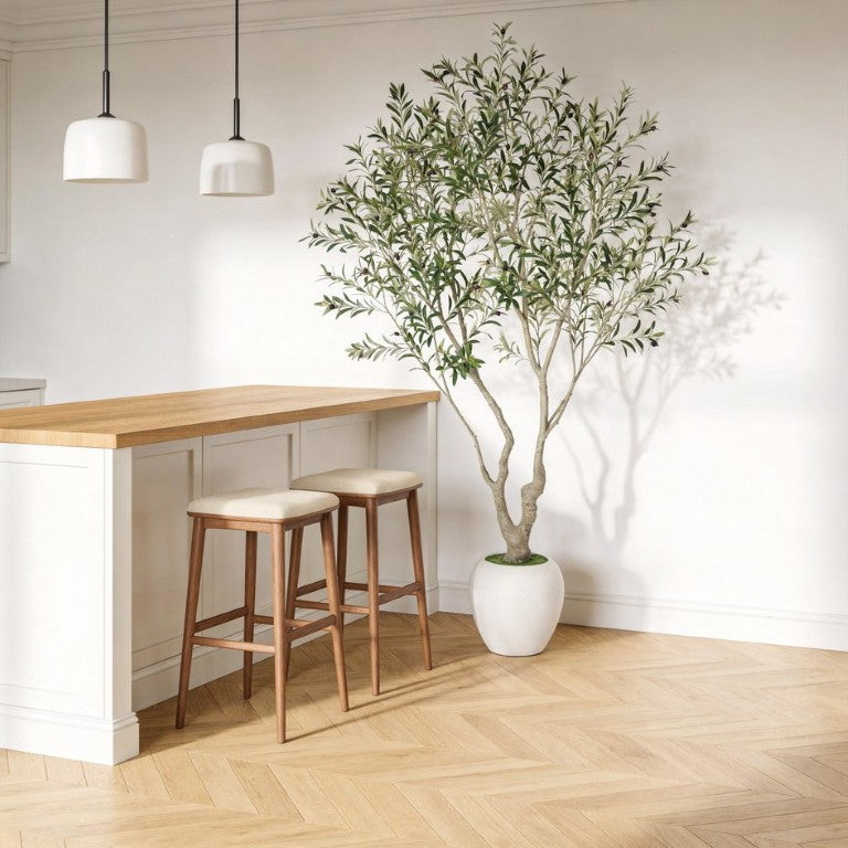 English Elm 8Ft Artificial Olive Tree Sculptural Mediterranean Faux Plant with White Moss Planter W3912P516706