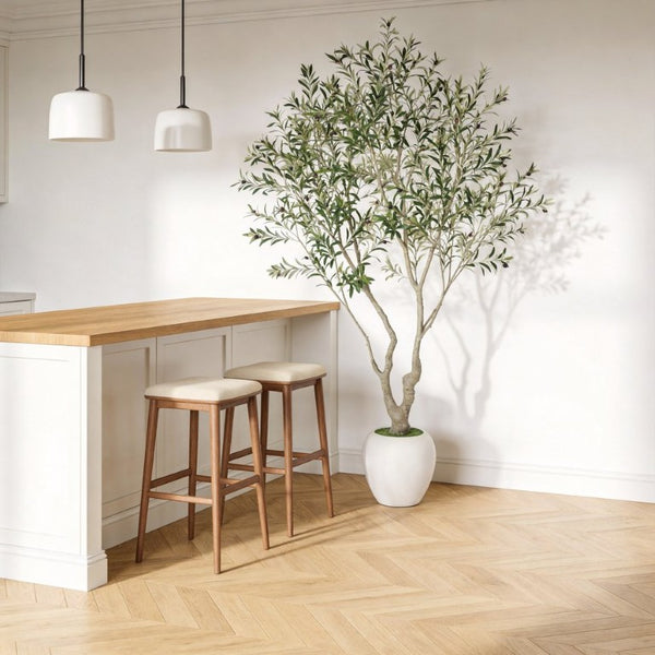English Elm 8Ft Artificial Olive Tree Sculptural Mediterranean Faux Plant with White Moss Planter W3912P516706