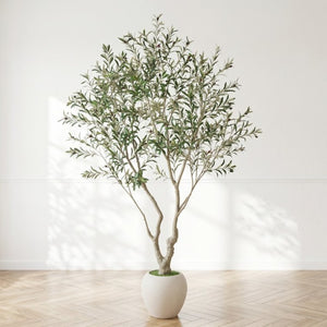 English Elm 8Ft Artificial Olive Tree Sculptural Mediterranean Faux Plant with White Moss Planter W3912P516706