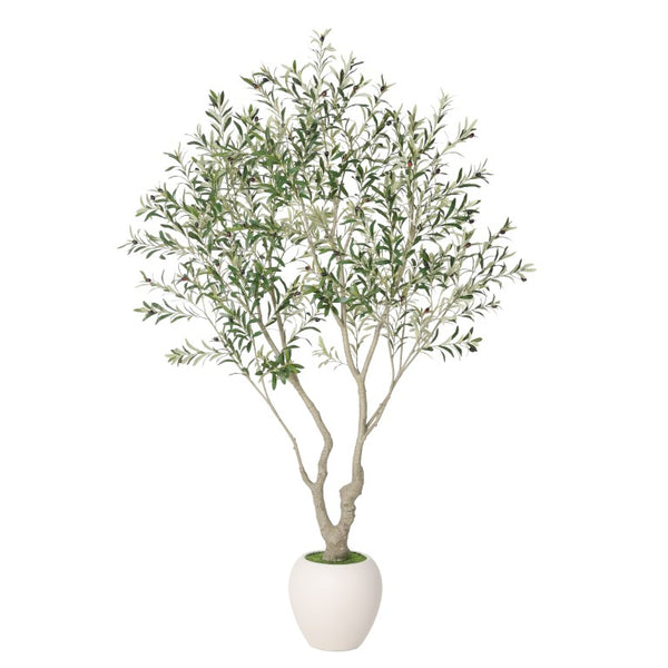 English Elm 8Ft Artificial Olive Tree Sculptural Mediterranean Faux Plant with White Moss Planter W3912P516706