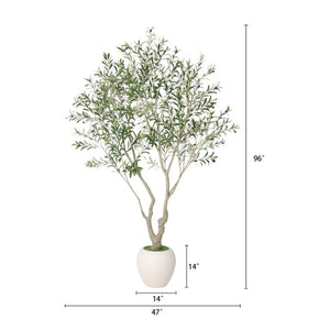English Elm 8Ft Artificial Olive Tree Sculptural Mediterranean Faux Plant with White Moss Planter W3912P516706