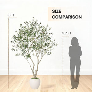 English Elm 8Ft Artificial Olive Tree Sculptural Mediterranean Faux Plant with White Moss Planter W3912P516706