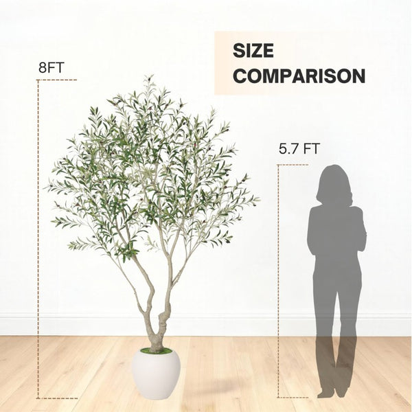 English Elm 8Ft Artificial Olive Tree Sculptural Mediterranean Faux Plant with White Moss Planter W3912P516706