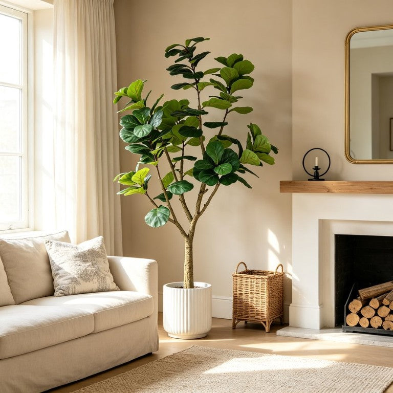 English Elm 7Ft Faux Fiddle Leaf Fig Tree Lifelike Oversized Leaves with Minimalist Black Pot 35 L x 35 W x 84 H Plastic W3912P516709