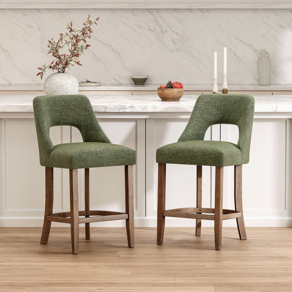 English Elm Bar Stools Set of 2 Upholstered Wingback Counter Height Seats with Wood Legs Green W3916P500049