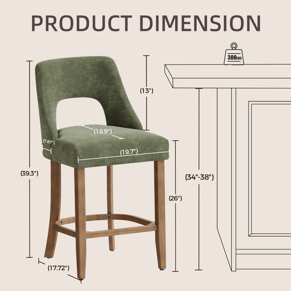 English Elm Bar Stools Set of 2 Upholstered Wingback Counter Height Seats with Wood Legs Green W3916P500049