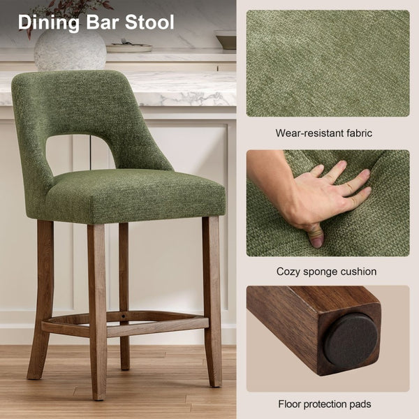English Elm Bar Stools Set of 2 Upholstered Wingback Counter Height Seats with Wood Legs Green W3916P500049