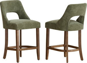 English Elm Bar Stools Set of 2 Upholstered Wingback Counter Height Seats with Wood Legs Green W3916P500049