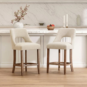 English Elm Bar Stools Set of 2 Upholstered Wingback Counter Height Seats with Wood Legs Beige W3916P500061