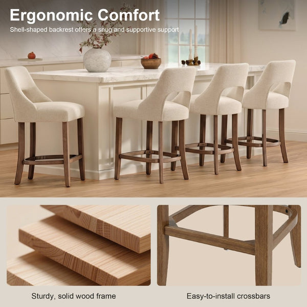 English Elm Bar Stools Set of 2 Upholstered Wingback Counter Height Seats with Wood Legs Beige W3916P500061
