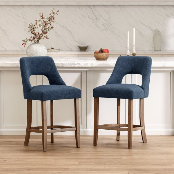 English Elm Bar Stools Set of 2 Upholstered Wingback Counter Height Seats with Wood Legs Navy W3916P500063