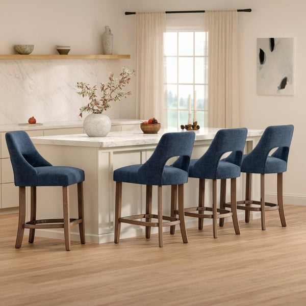 English Elm Bar Stools Set of 2 Upholstered Wingback Counter Height Seats with Wood Legs Navy W3916P500063