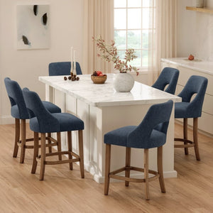 English Elm Bar Stools Set of 2 Upholstered Wingback Counter Height Seats with Wood Legs Navy W3916P500063