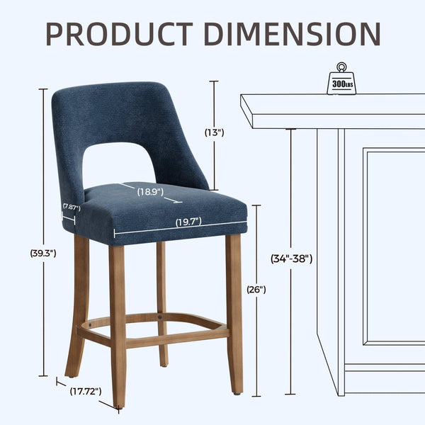 English Elm Bar Stools Set of 2 Upholstered Wingback Counter Height Seats with Wood Legs Navy W3916P500063