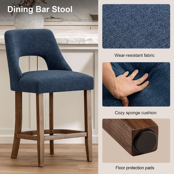 English Elm Bar Stools Set of 2 Upholstered Wingback Counter Height Seats with Wood Legs Navy W3916P500063