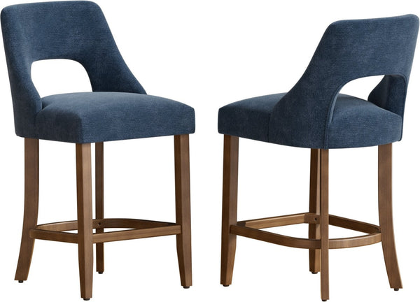 English Elm Bar Stools Set of 2 Upholstered Wingback Counter Height Seats with Wood Legs Navy W3916P500063