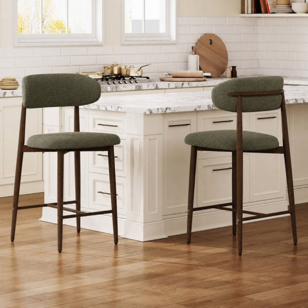 English Elm Counter Height Linen Upholstered Barstools Set of 2 with Tapered Steel Legs for Islands Green W3916P516679