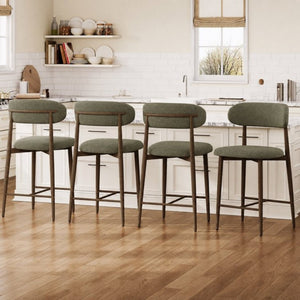 English Elm Counter Height Linen Upholstered Barstools Set of 2 with Tapered Steel Legs for Islands Green W3916P516679