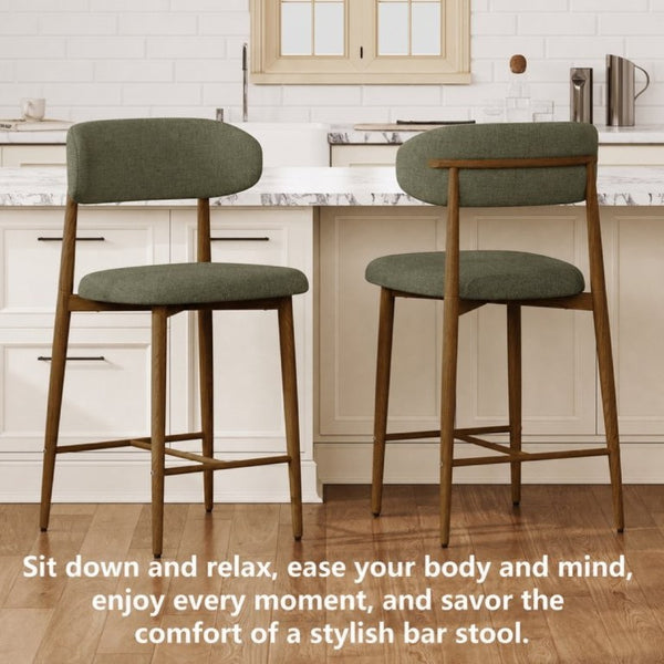 English Elm Counter Height Linen Upholstered Barstools Set of 2 with Tapered Steel Legs for Islands Green W3916P516679