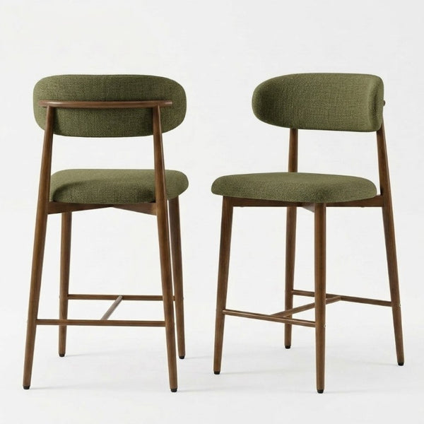 English Elm Counter Height Linen Upholstered Barstools Set of 2 with Tapered Steel Legs for Islands Green W3916P516679